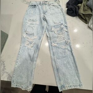 Aeropostale Women's Light Blue Distressed Straight Leg Jeans